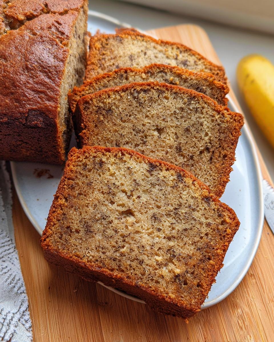 Close-up of moist, sliced One Bowl Banana Bread served on a small plate atop a wooden board, with a whole banana visible in the background.