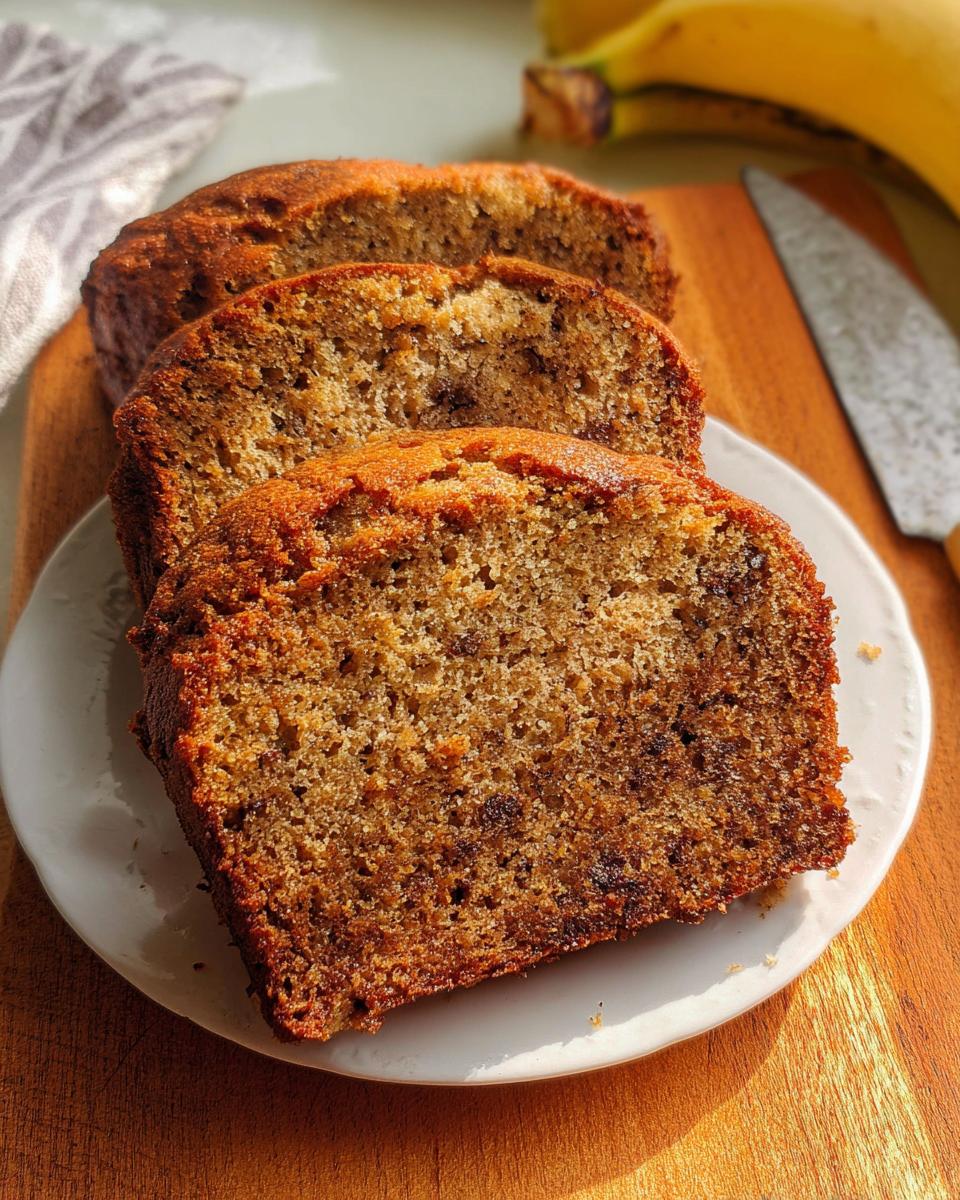 Three thick slices of moist One Bowl Banana Bread with visible chocolate chips served on a white plate.