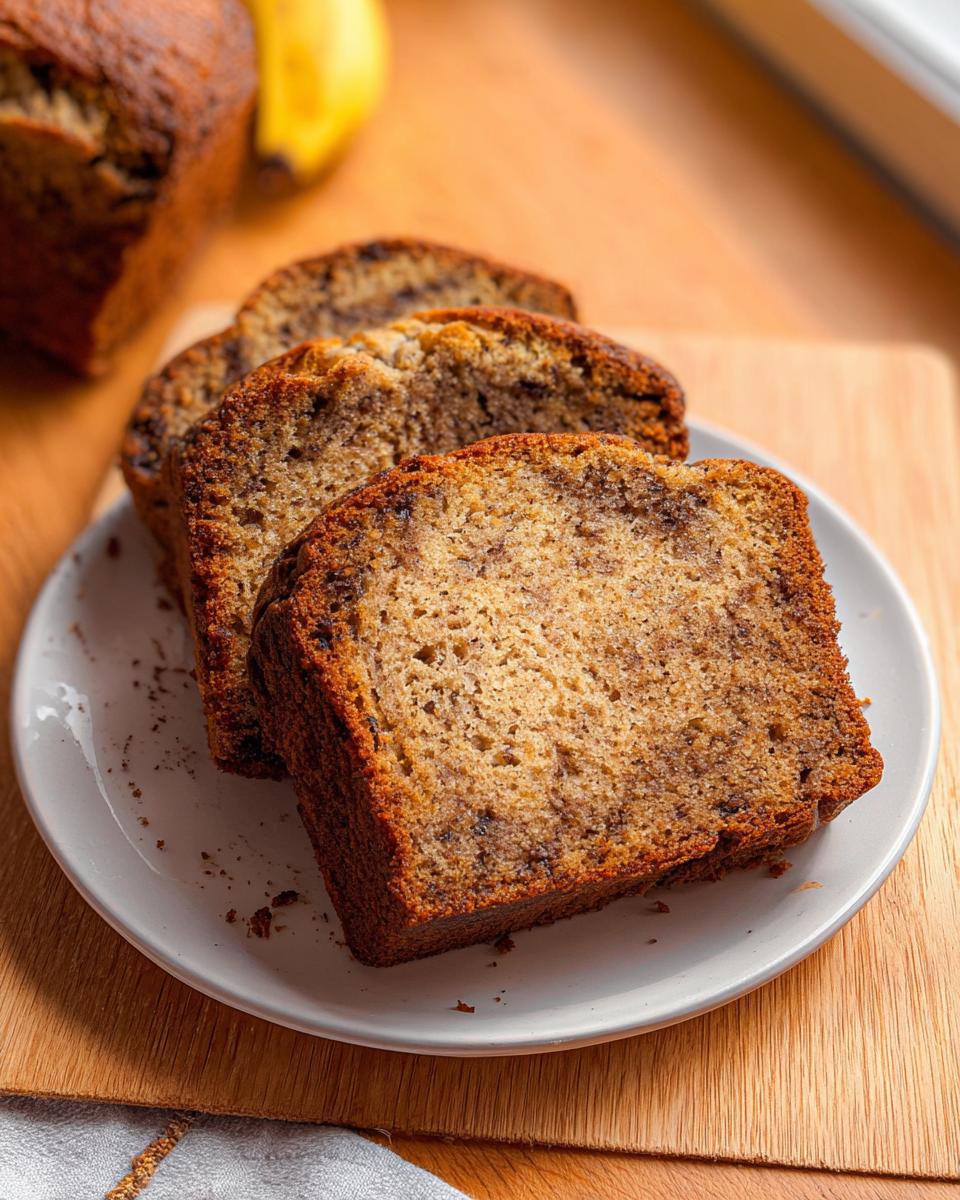 Three thick slices of moist One Bowl Banana Bread displayed on a white plate with crumbs.