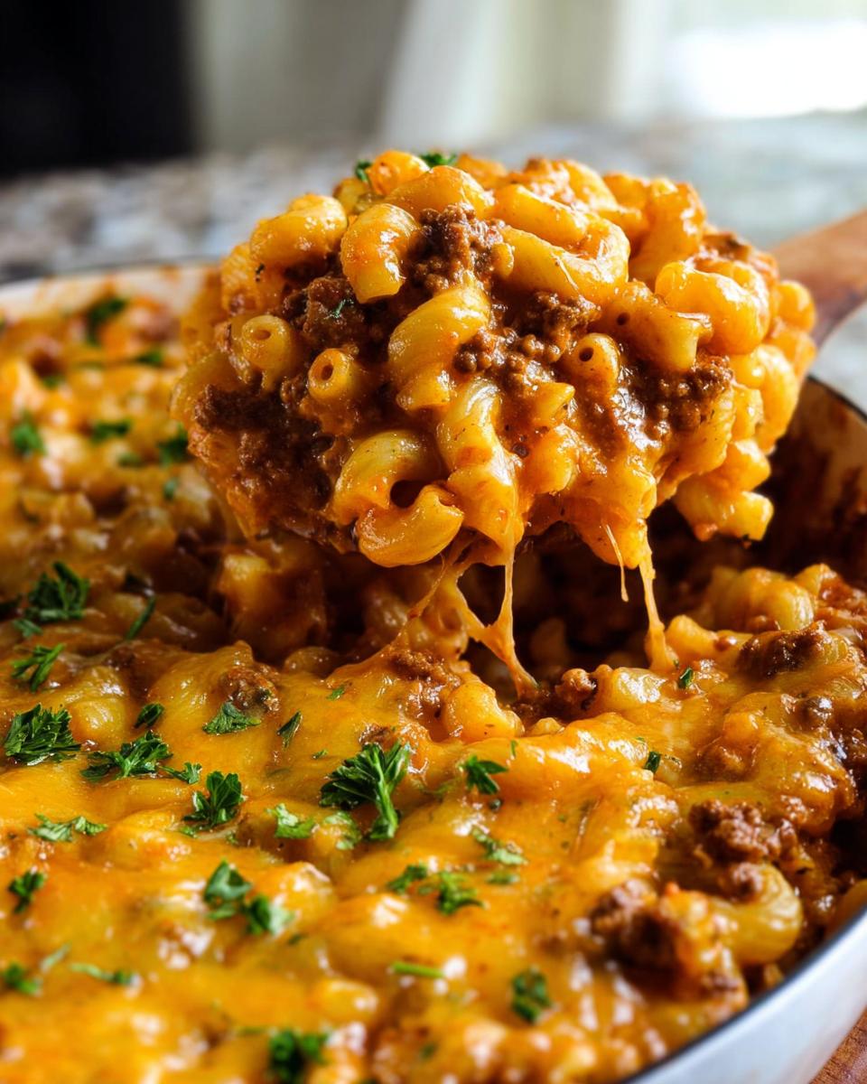 A wooden spoon lifting a cheesy, saucy scoop of One Pan Cheeseburger Casserole with macaroni and ground beef.