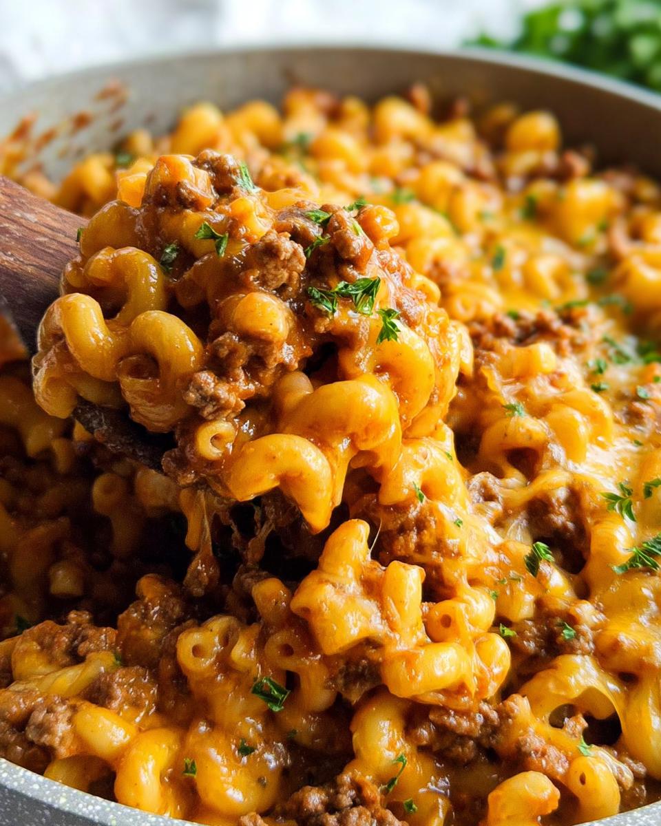 A wooden spoon lifts a generous scoop of cheesy, saucy Cheeseburger Casserole featuring ground beef and elbow macaroni.