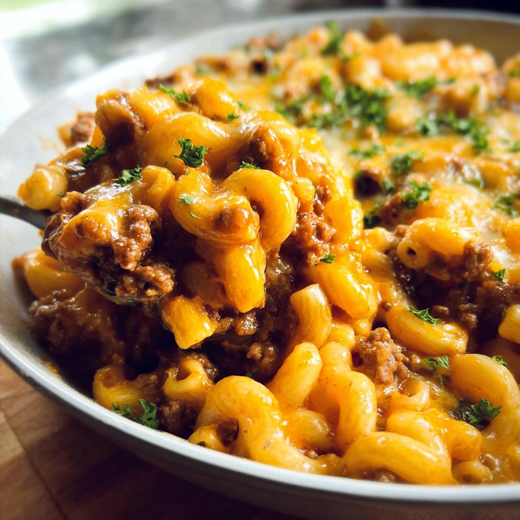 A spoonful of gooey, cheesy One Pan Cheeseburger Casserole featuring elbow macaroni and ground beef, topped with parsley.