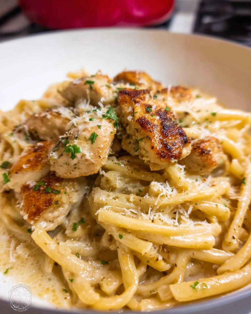 A close-up of One Pan Creamy Garlic Parmesan Chicken Pasta topped with seared chicken pieces and grated cheese.