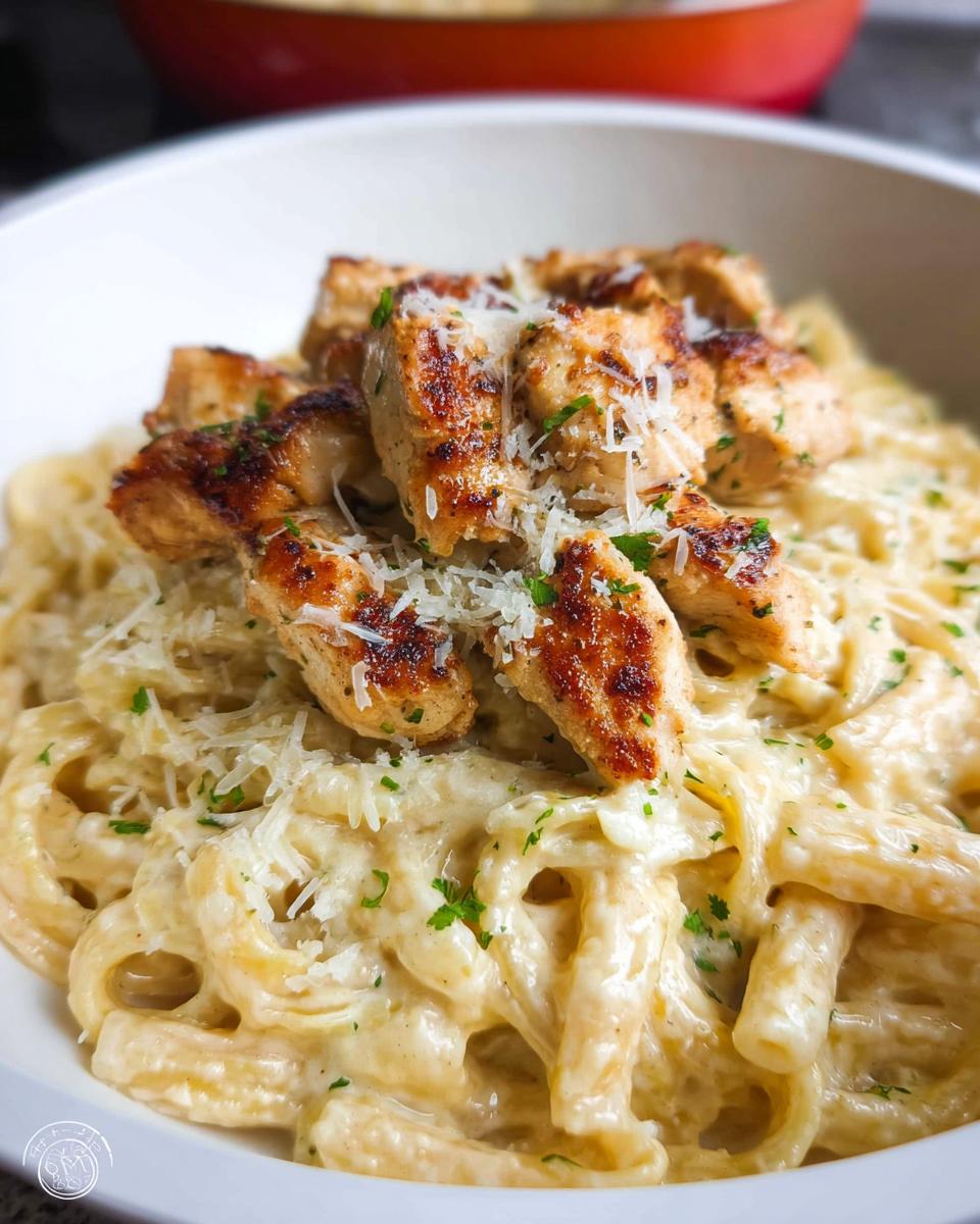 Close-up of One Pan Creamy Garlic Parmesan Chicken Pasta topped with grilled chicken pieces and grated cheese.