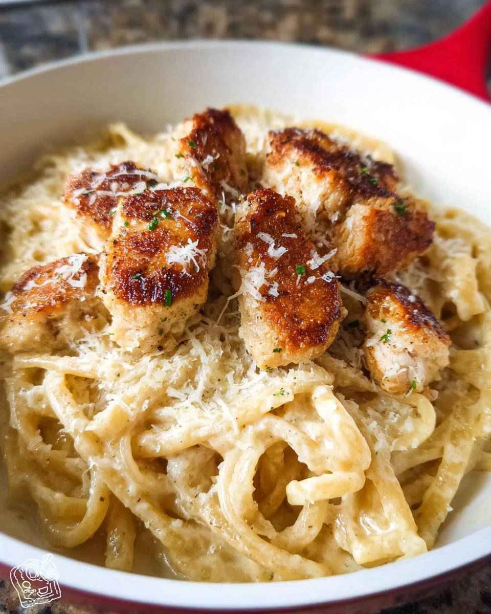 A close-up of a bowl filled with One Pan Creamy Garlic Parmesan Chicken Pasta topped with browned chicken pieces and grated Parmesan.