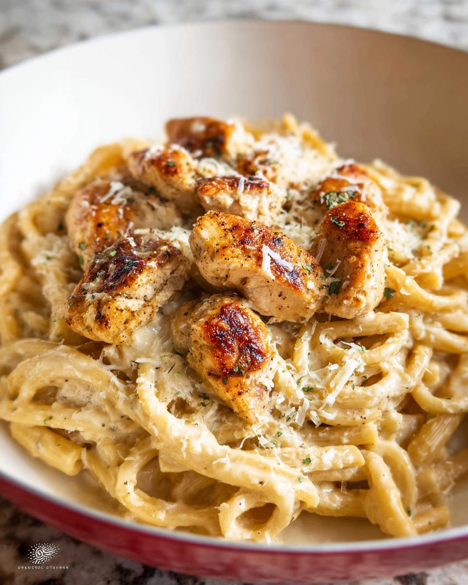 A close-up of One Pan Creamy Garlic Parmesan Chicken Pasta topped with seared chicken pieces and grated Parmesan cheese.