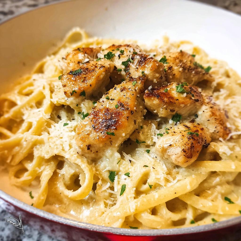 A close-up view of One Pan Creamy Garlic Parmesan Chicken Pasta topped with seared chicken pieces and grated cheese.