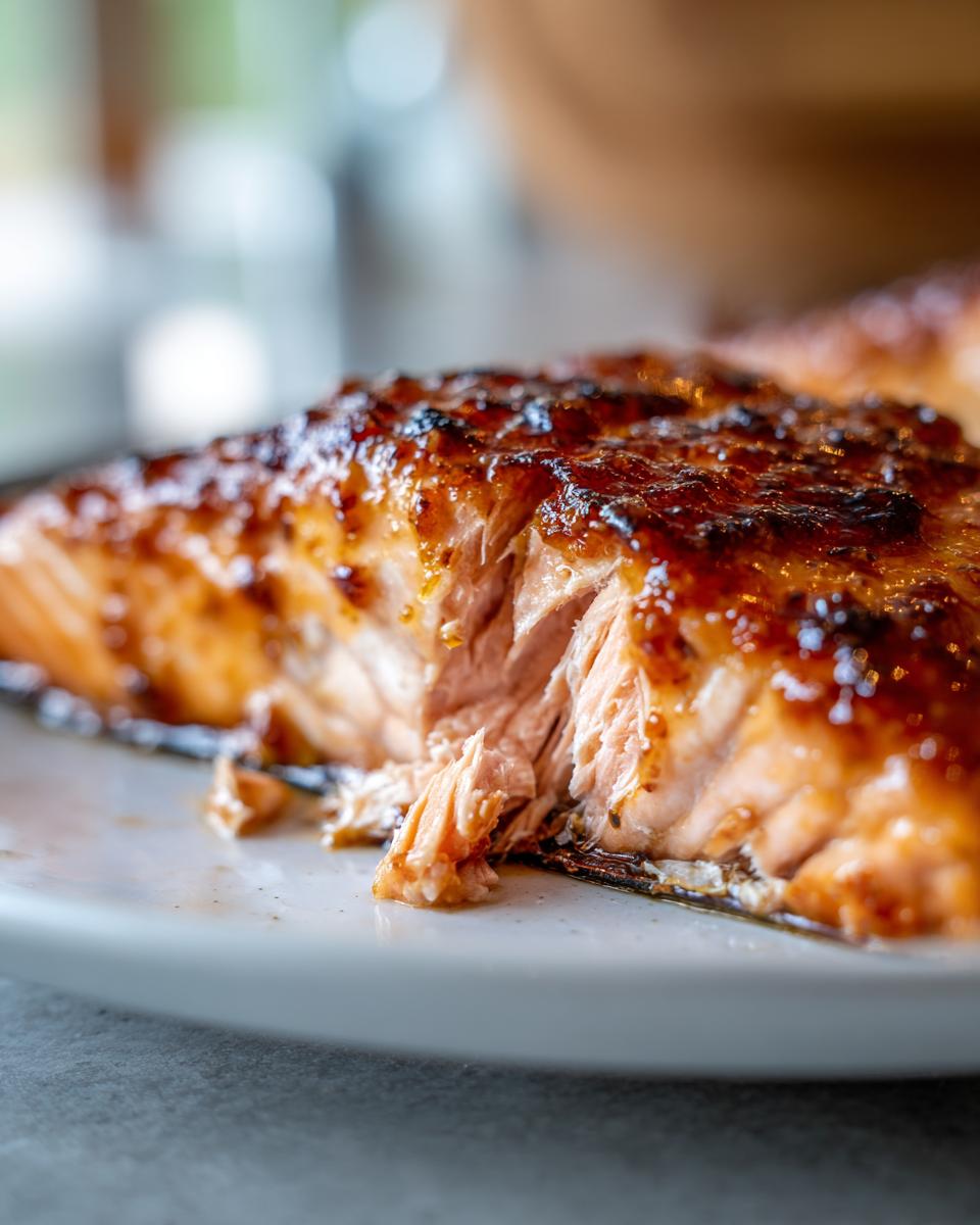Close-up showing the flaky texture of One-Pan Honey Mustard Salmon with a dark, caramelized glaze.