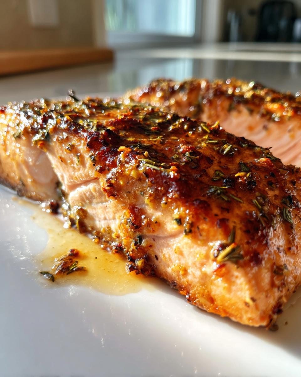 Close-up of a perfectly cooked fillet of One-Pan Honey Mustard Salmon with a caramelized, herbed crust.