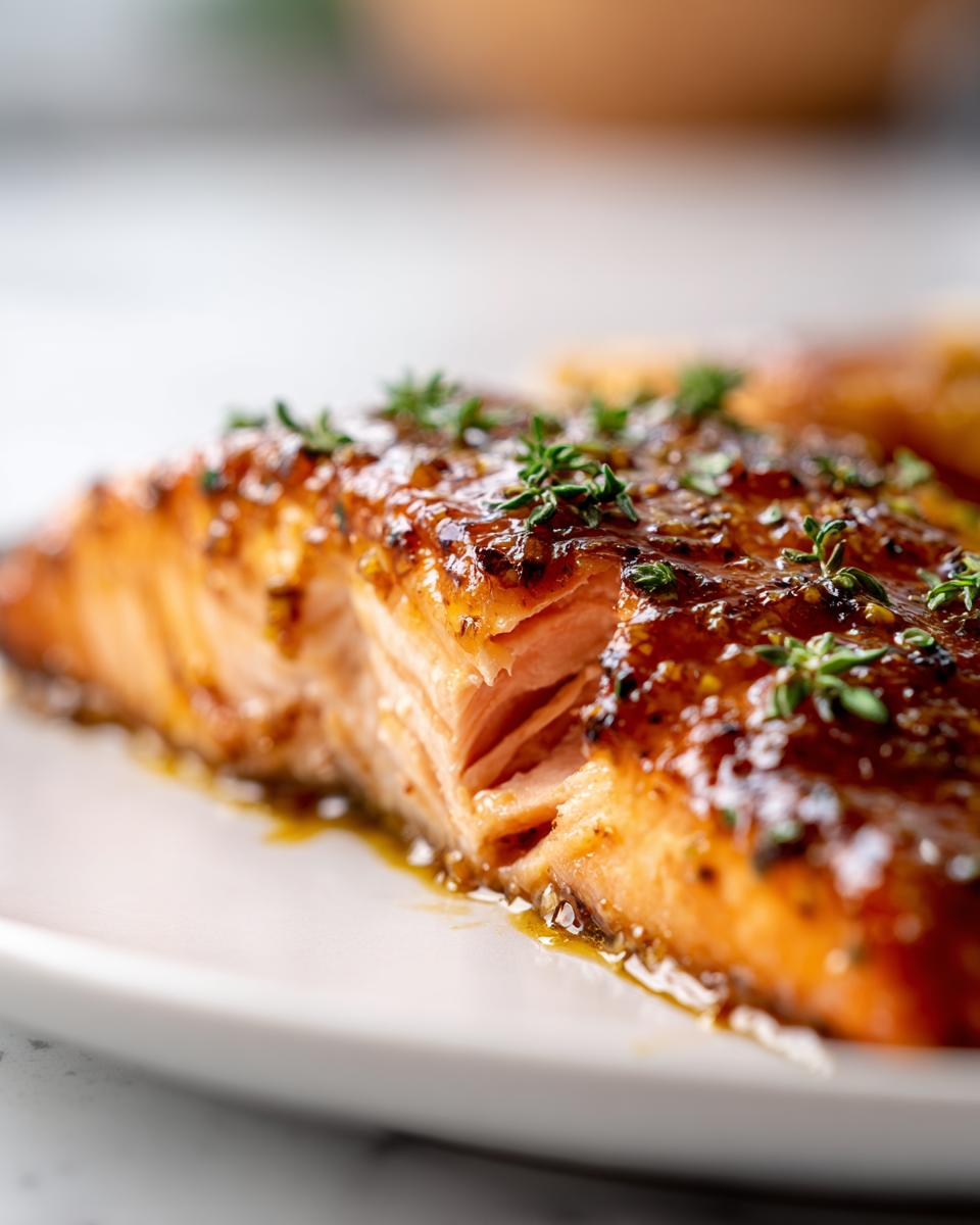 Close-up of a perfectly cooked fillet of One-Pan Honey Mustard Salmon, glistening with glaze and topped with fresh thyme.