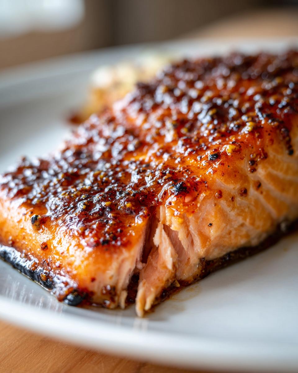 Close-up of a perfectly cooked fillet of One-Pan Honey Mustard Salmon with a caramelized, grainy mustard glaze.