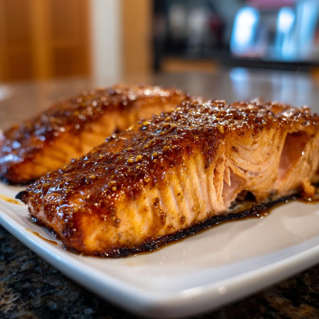 Two perfectly cooked fillets of One-Pan Honey Mustard Salmon with a thick, dark glaze.