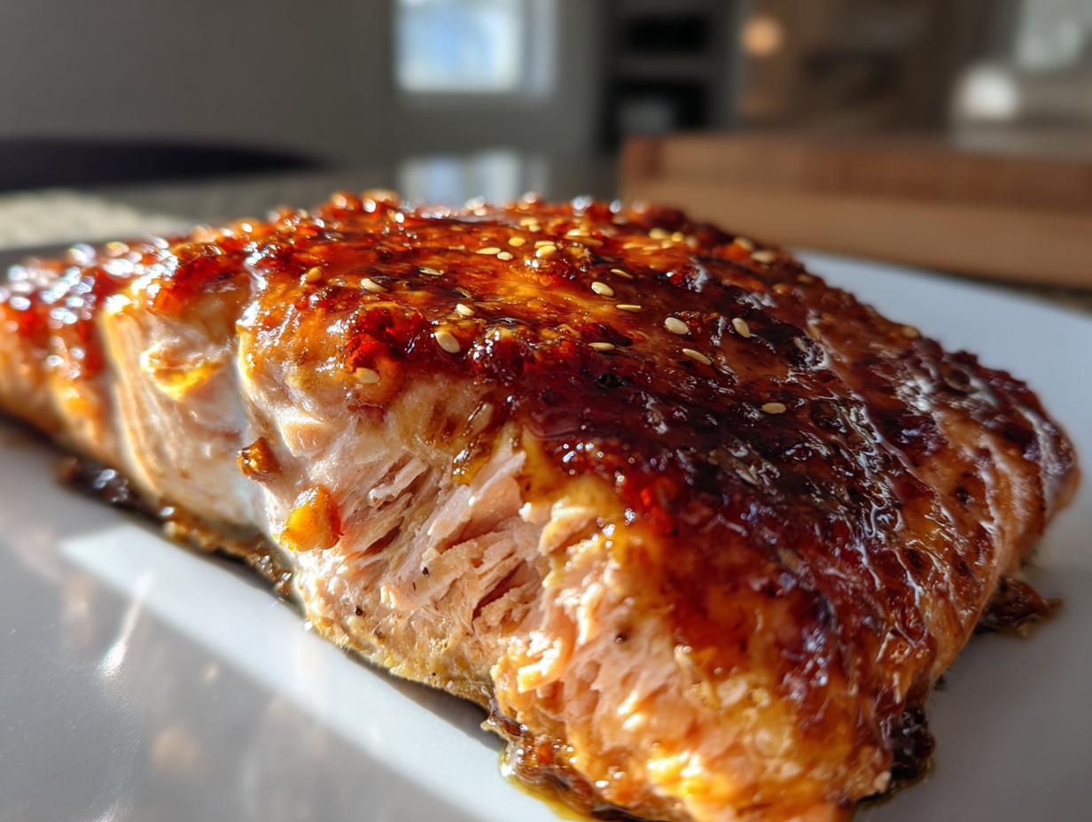 Close-up of a perfectly cooked One-Pan Honey Mustard Salmon fillet with a shiny, dark glaze and sesame seeds.