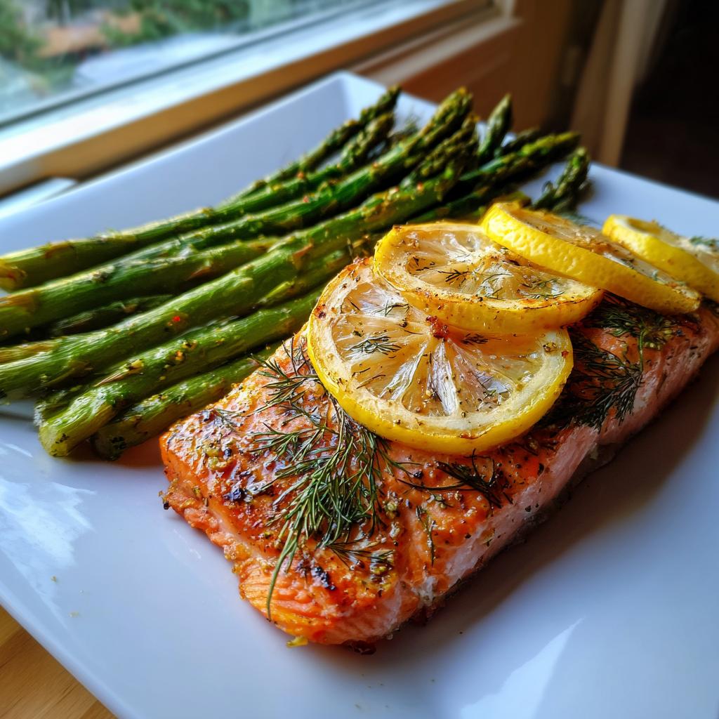A perfectly cooked salmon fillet with lemon slices and dill served next to roasted asparagus, ideal for Clean-Eating Reset Recipes.