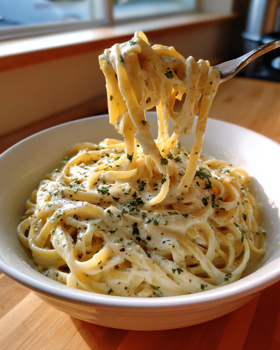A fork lifting strands of One Pot Creamy Garlic Pasta coated in a rich white sauce and sprinkled with parsley.