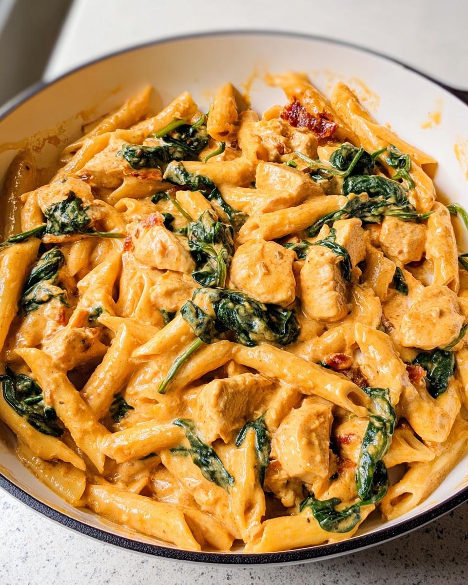 Close-up of One Pot Creamy Tuscan Chicken Pasta with penne, chicken chunks, spinach, and sun-dried tomatoes.