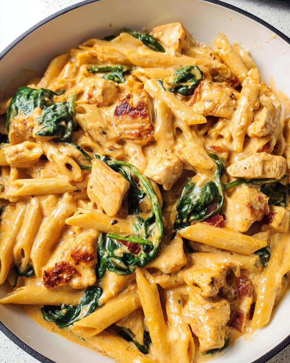 A close-up view of One Pot Creamy Tuscan Chicken Pasta featuring penne, chicken pieces, spinach, and a rich orange sauce.