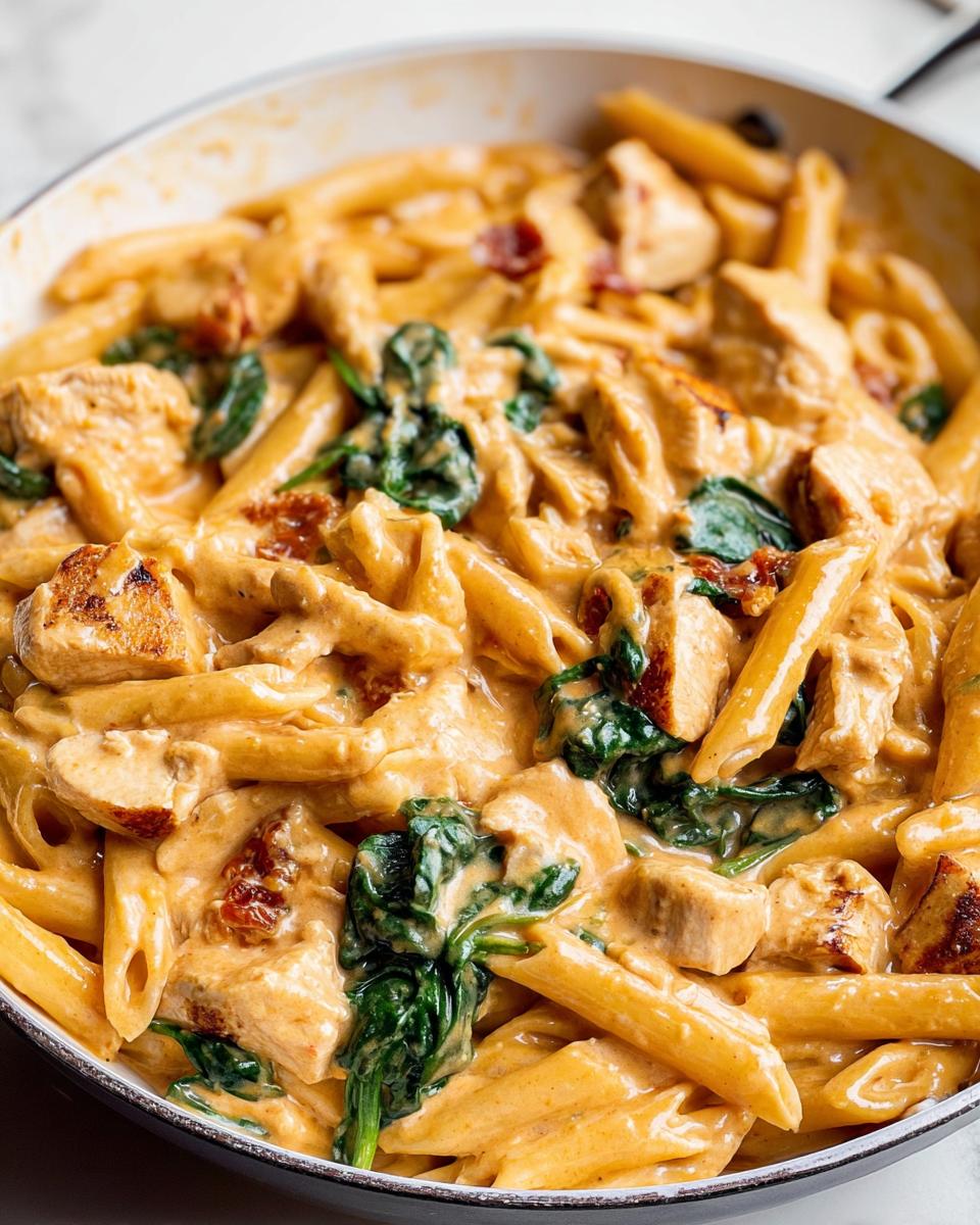 A close-up overhead shot of One Pot Creamy Tuscan Chicken Pasta featuring penne, chicken chunks, spinach, and sun-dried tomatoes in a rich sauce.