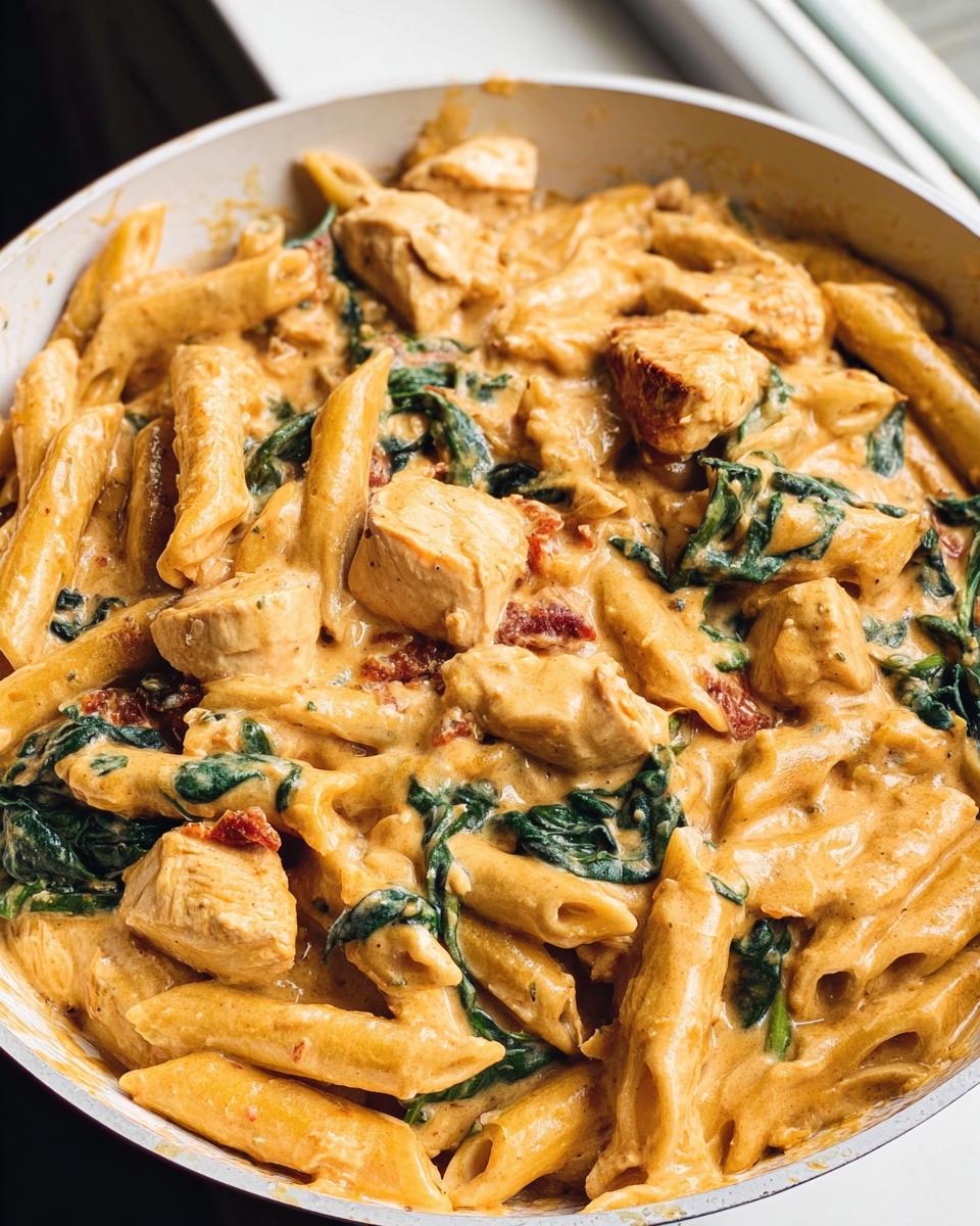Close-up of One Pot Creamy Tuscan Chicken Pasta with penne, spinach, and sun-dried tomatoes.