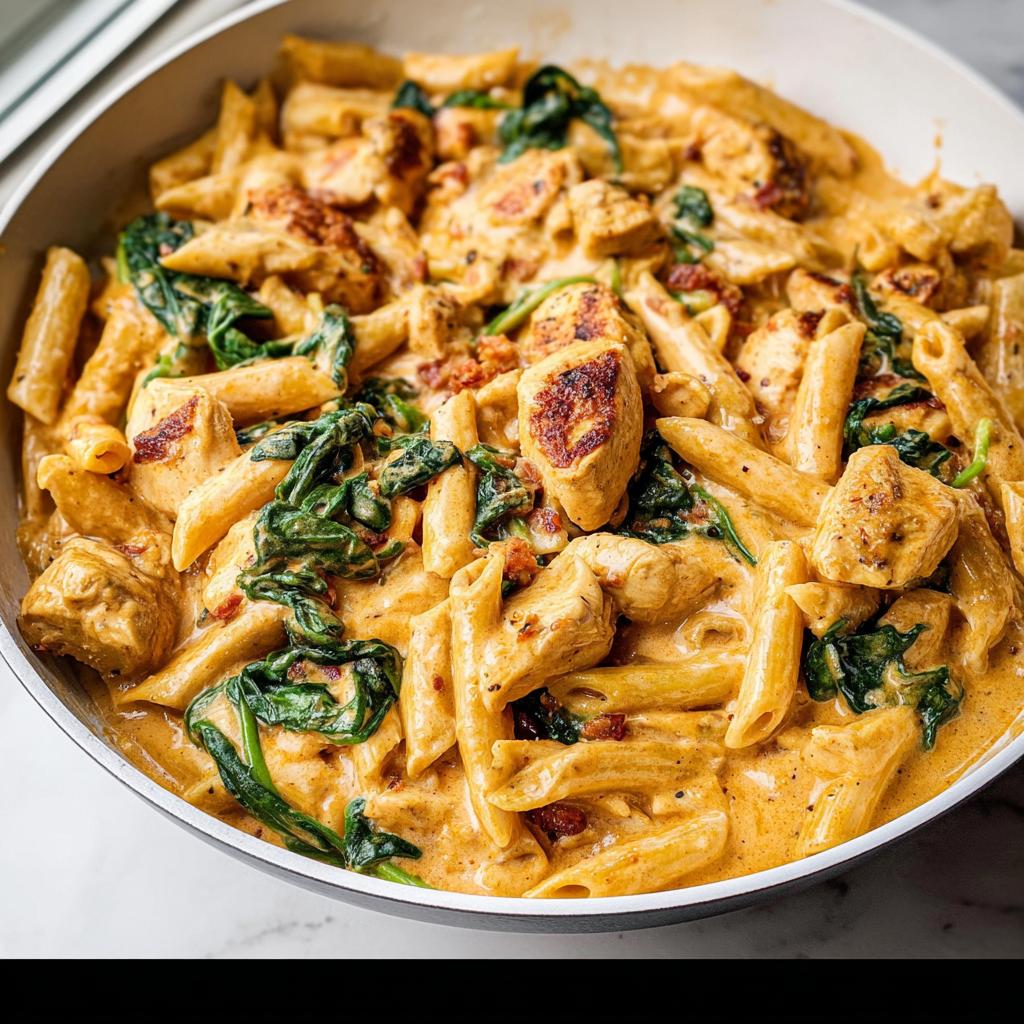 Close-up of One Pot Creamy Tuscan Chicken Pasta with penne, spinach, and seared chicken chunks.