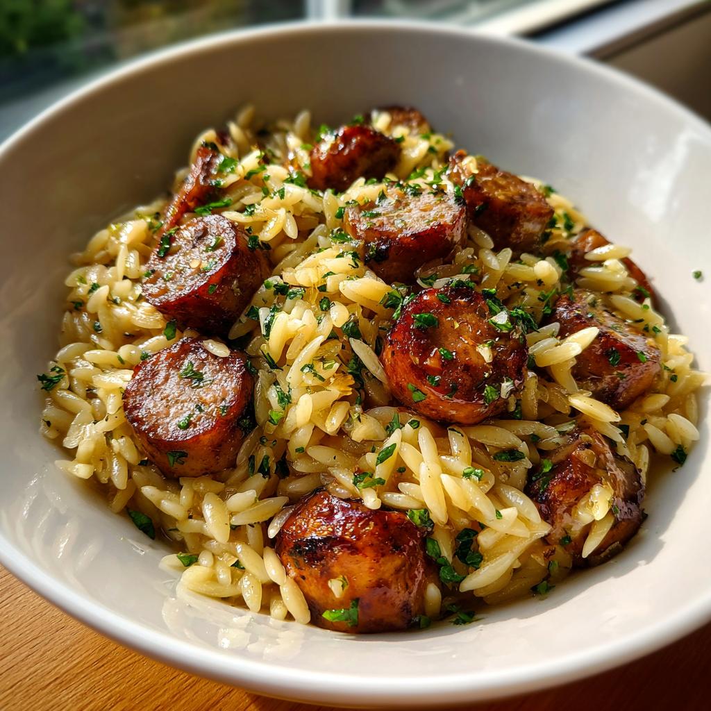 A close-up of a white bowl filled with One-Pot Garlic Butter Sausage and Orzo Delight, garnished with parsley.
