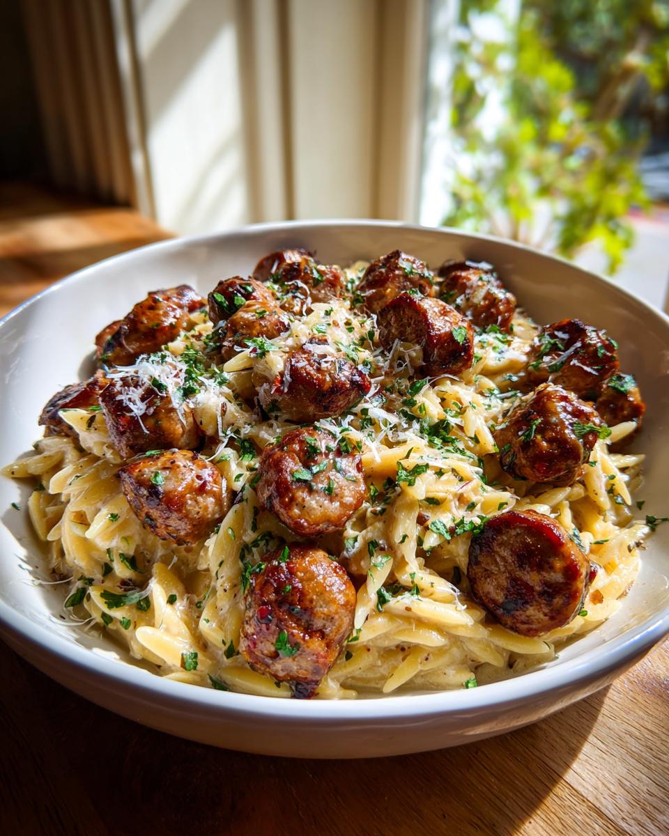 A close-up of One-Pot Garlic Butter Sausage and Orzo Delight topped with Parmesan and parsley.