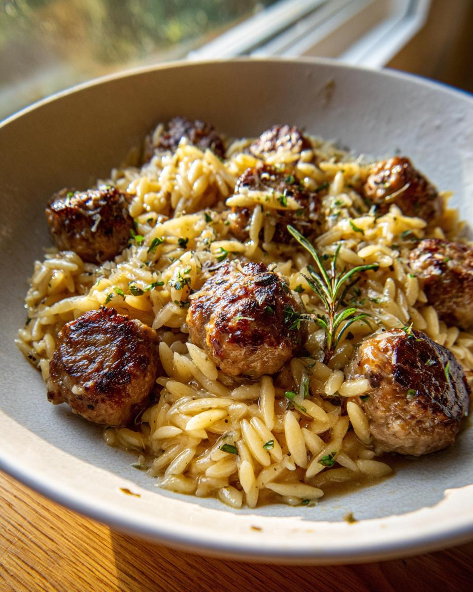Close-up of One-Pot Garlic Butter Sausage and Orzo Delight, featuring browned sausage balls over creamy orzo pasta.