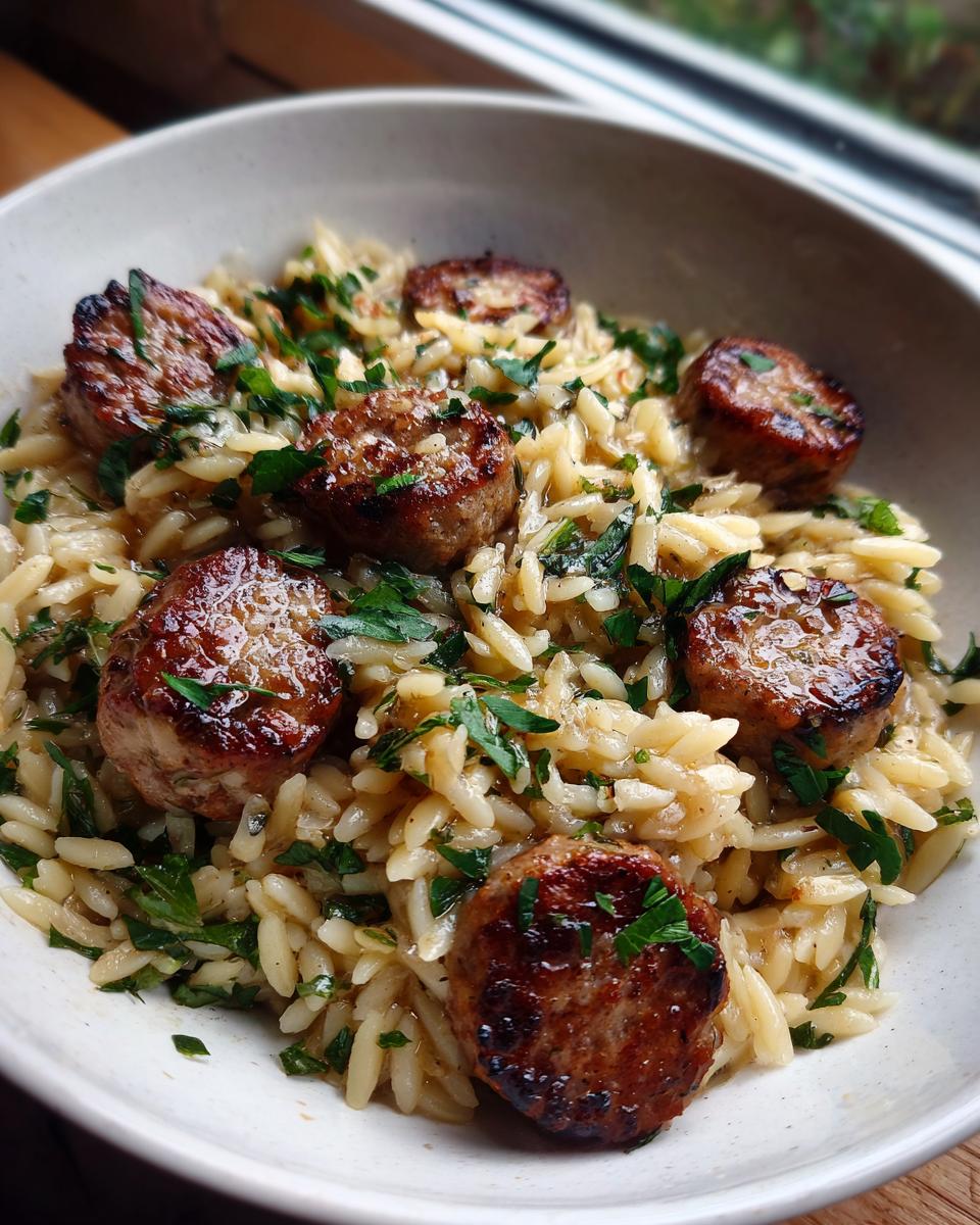 Close-up of One-Pot Garlic Butter Sausage and Orzo Delight topped with fresh parsley.