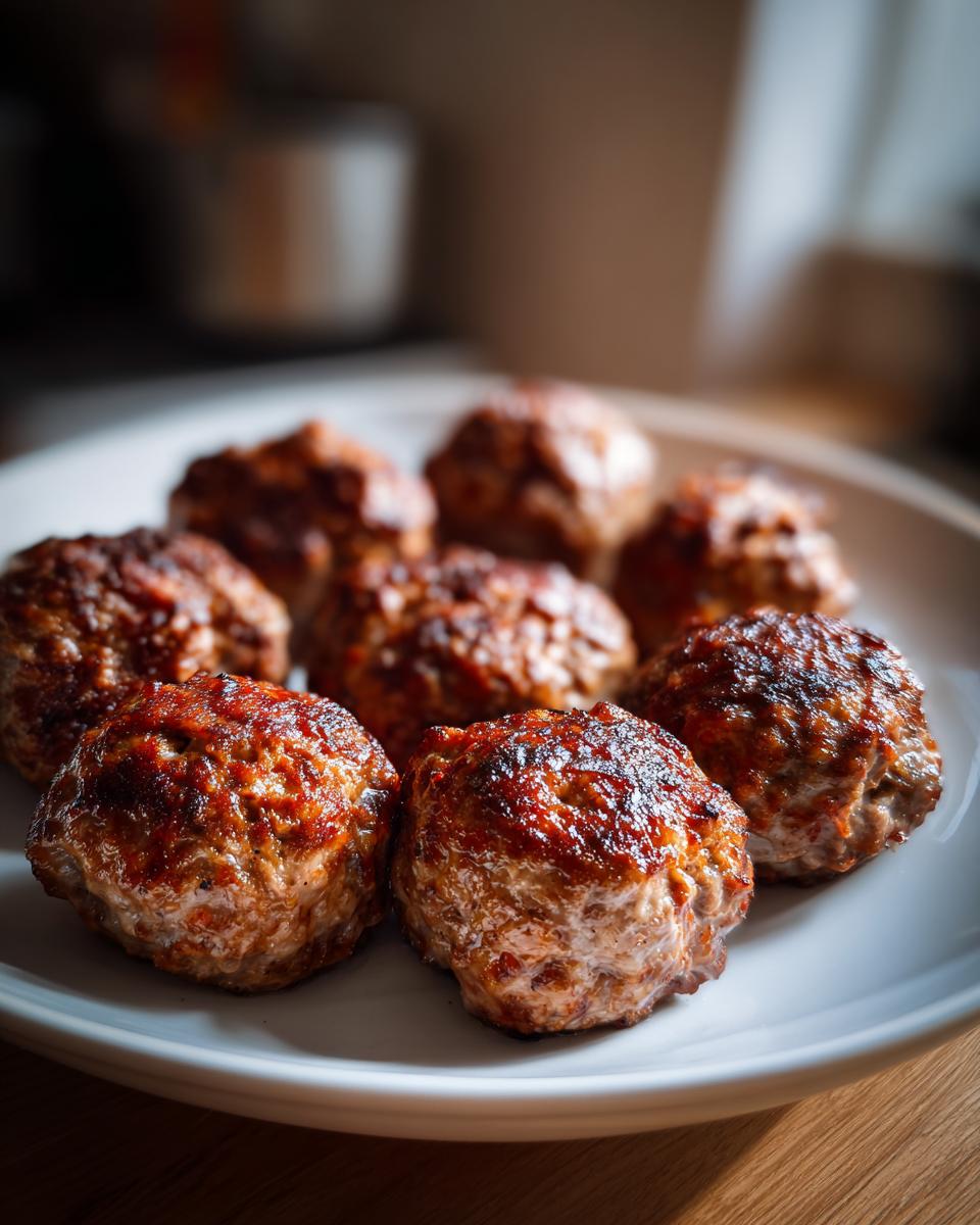 Close-up of several golden-brown Oven-Baked Meatballs arranged on a white plate.