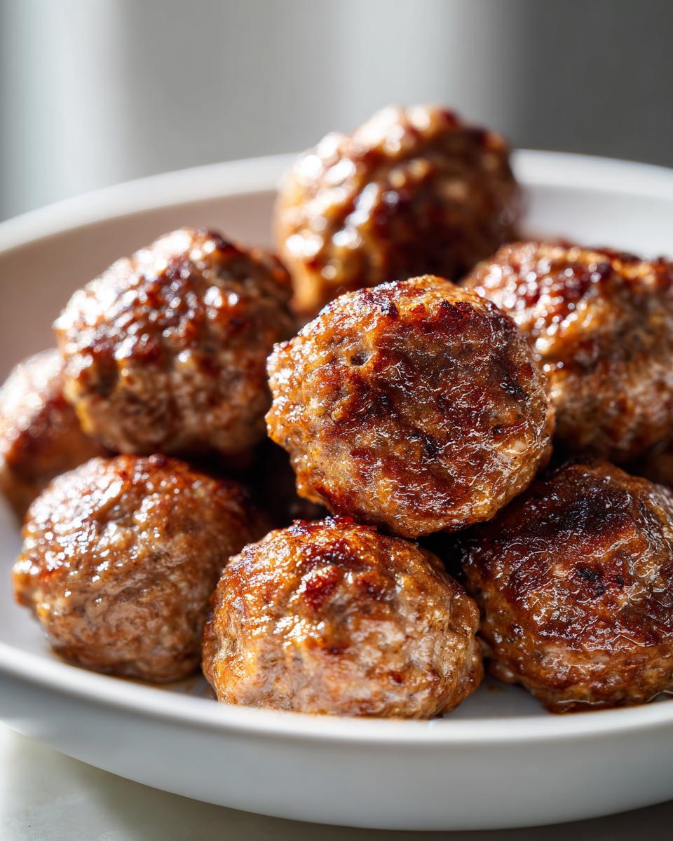 Close-up of several golden-brown, juicy Oven-Baked Meatballs piled high in a white bowl.