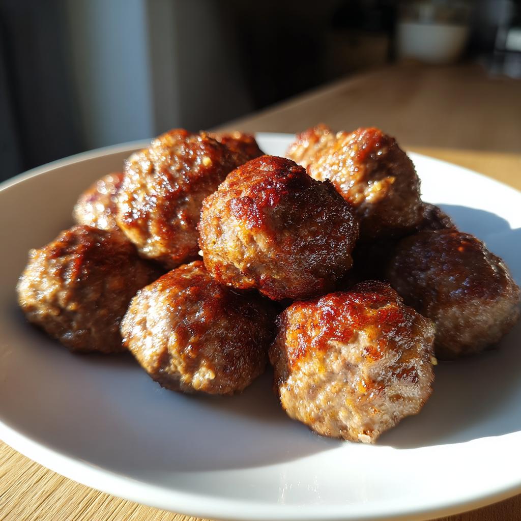 A close-up of several golden-brown Oven-Baked Meatballs piled on a white plate, catching the sunlight.