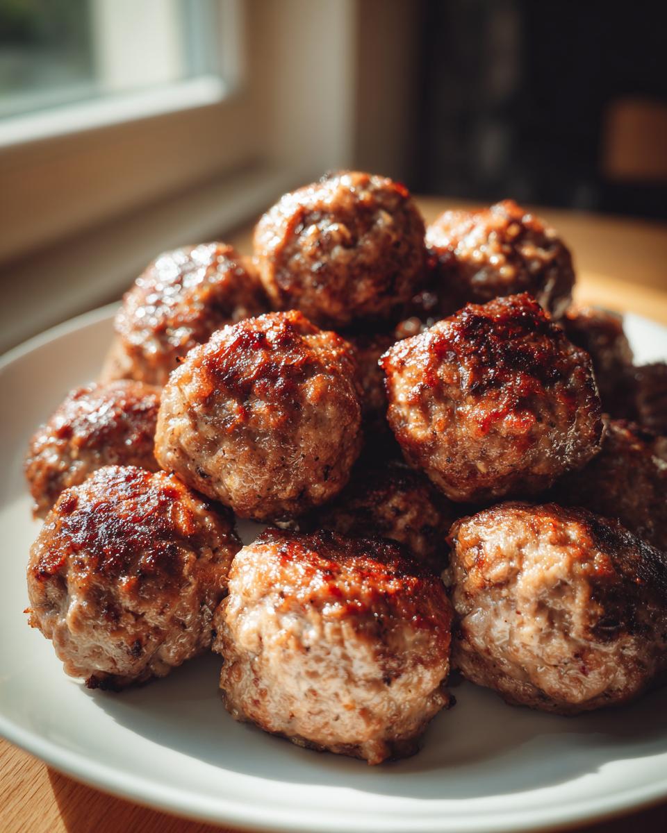 A pile of freshly Oven-Baked Meatballs with a deep brown, slightly crispy exterior on a white plate.
