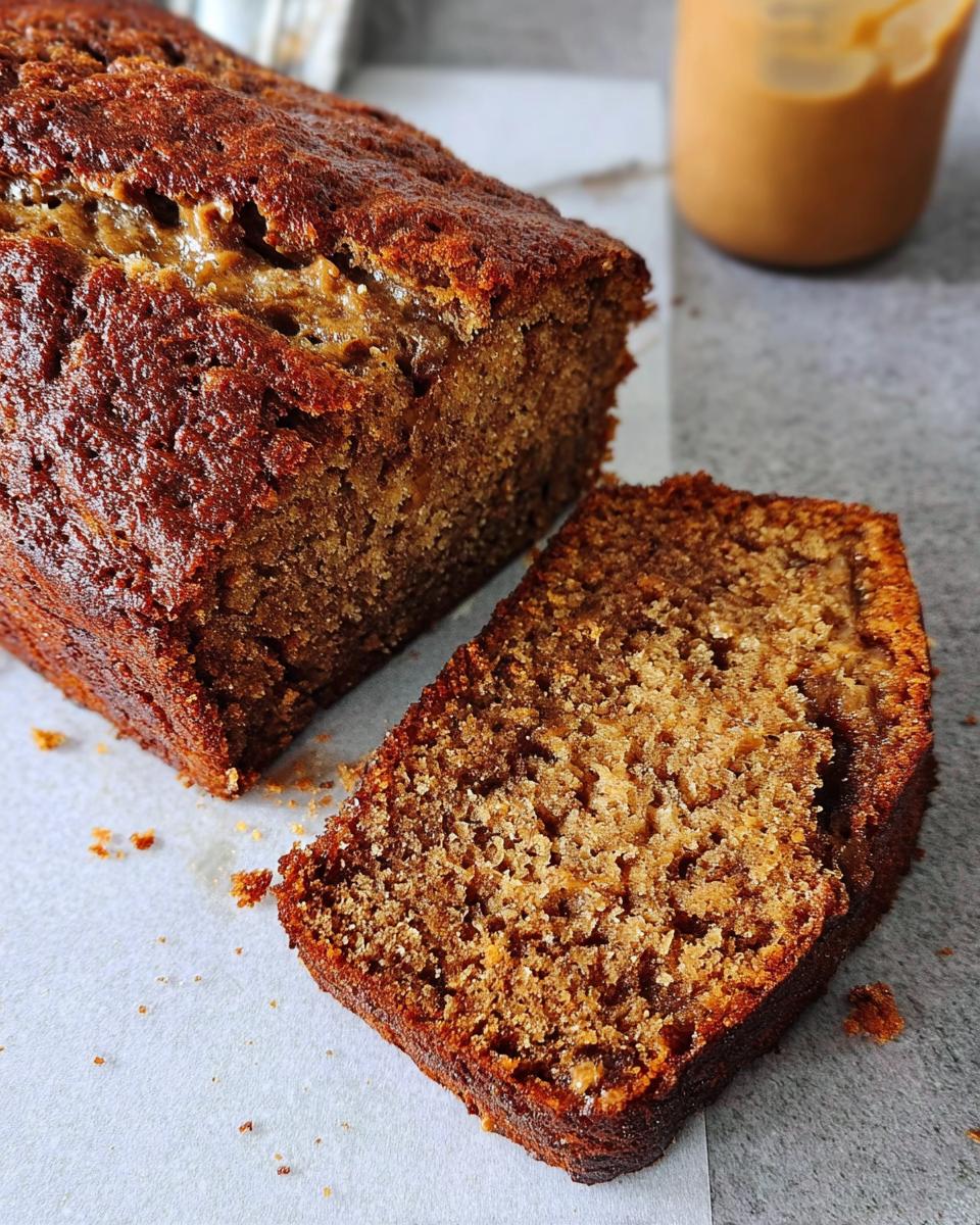 A close-up of a freshly baked Peanut Butter Banana Bread loaf with one thick slice cut, showing the moist crumb texture.