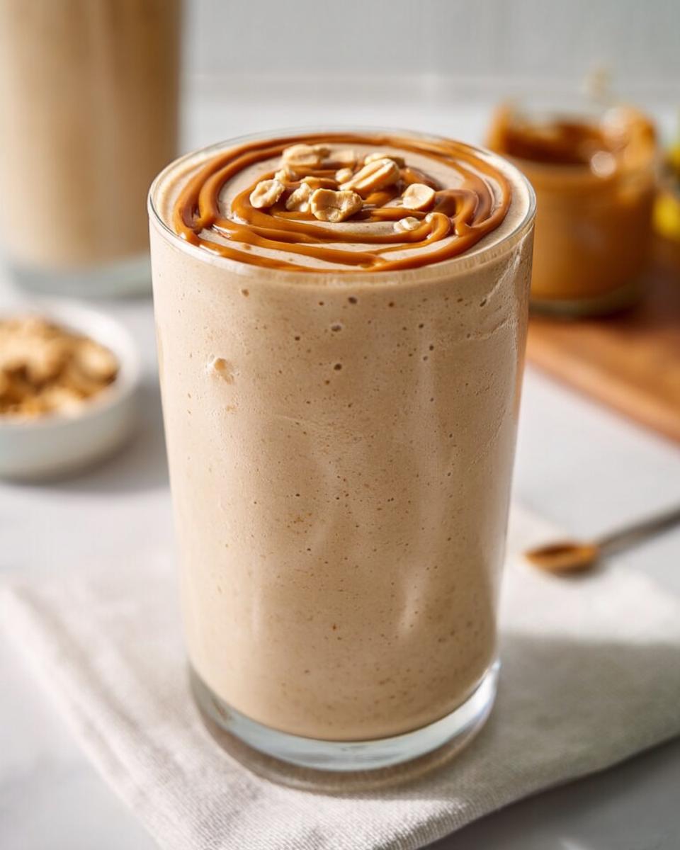 A tall glass filled with a thick Peanut Butter Protein Smoothie, topped with caramel drizzle and chopped peanuts.