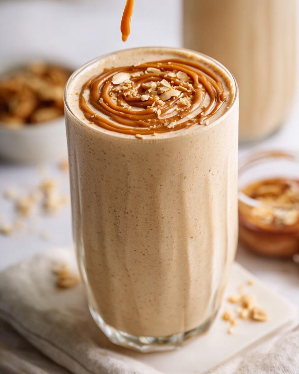 A rich Peanut Butter Protein Smoothie topped with a swirl of caramel sauce and chopped peanuts.
