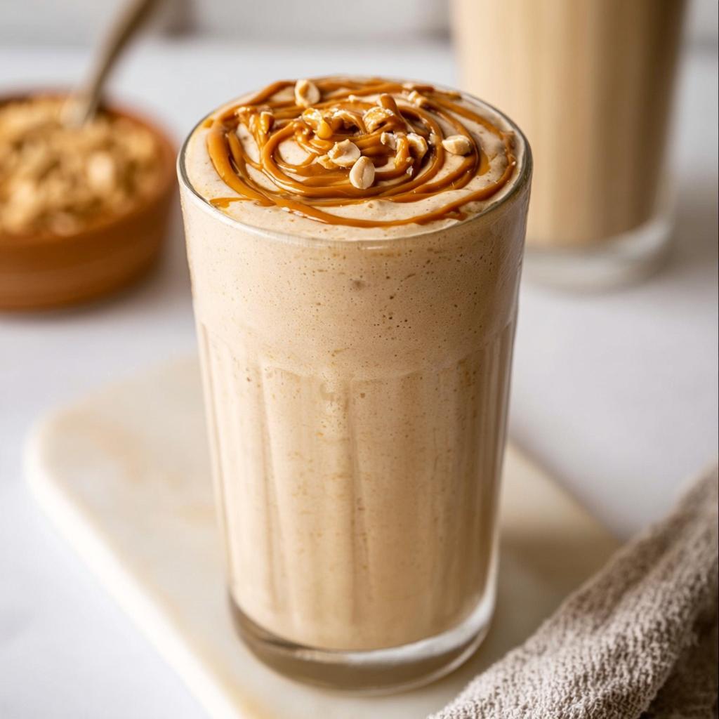 A tall glass of thick Peanut Butter Protein Smoothie topped with a caramel swirl and chopped peanuts.