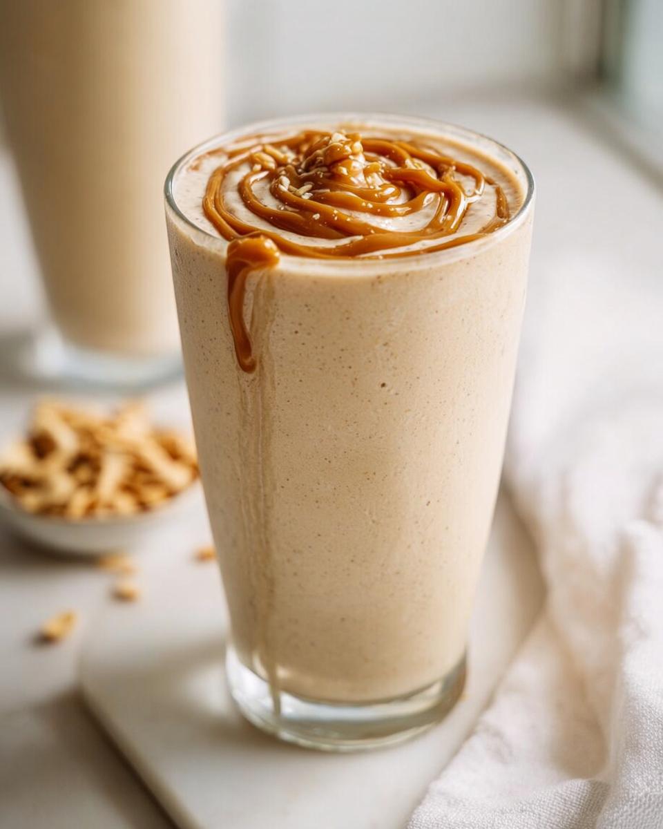 Close-up of a thick Peanut Butter Protein Smoothie topped with a caramel swirl and chopped nuts.