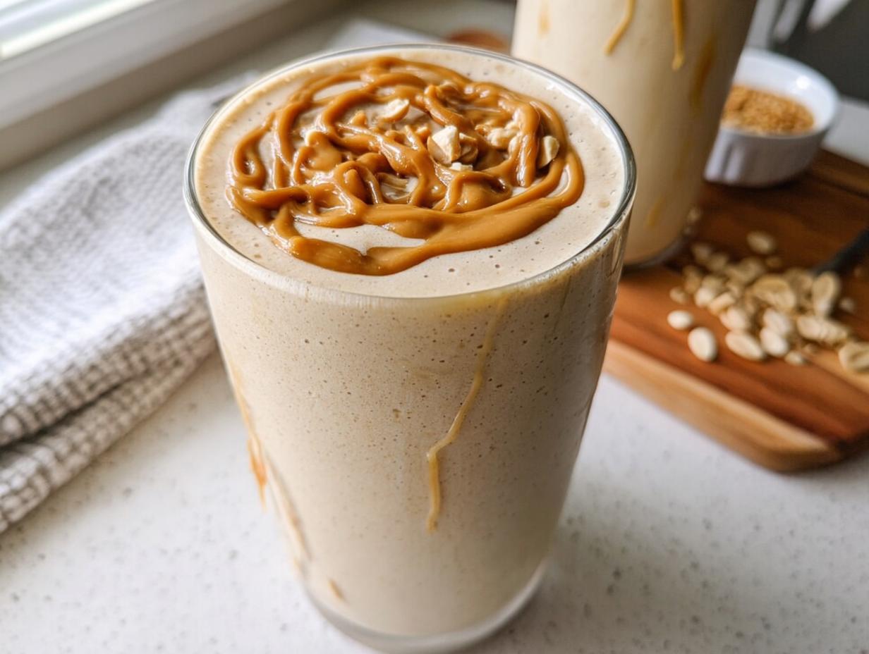 Close-up of a thick Peanut Butter Protein Smoothie in a glass, drizzled with peanut butter and topped with chopped nuts.