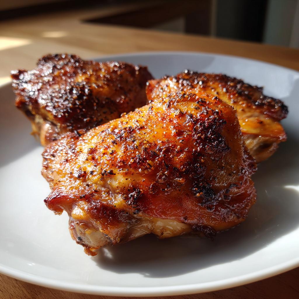 Three beautifully browned and seasoned chicken thigh recipes served on a white plate.