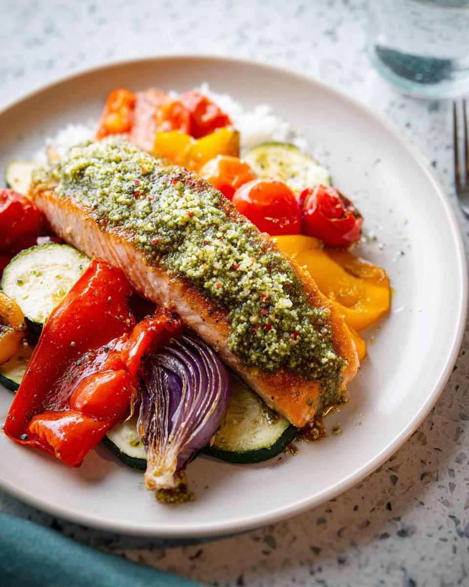 A perfectly cooked fillet of Pesto Salmon with Roasted Veggies served over rice on a light plate.