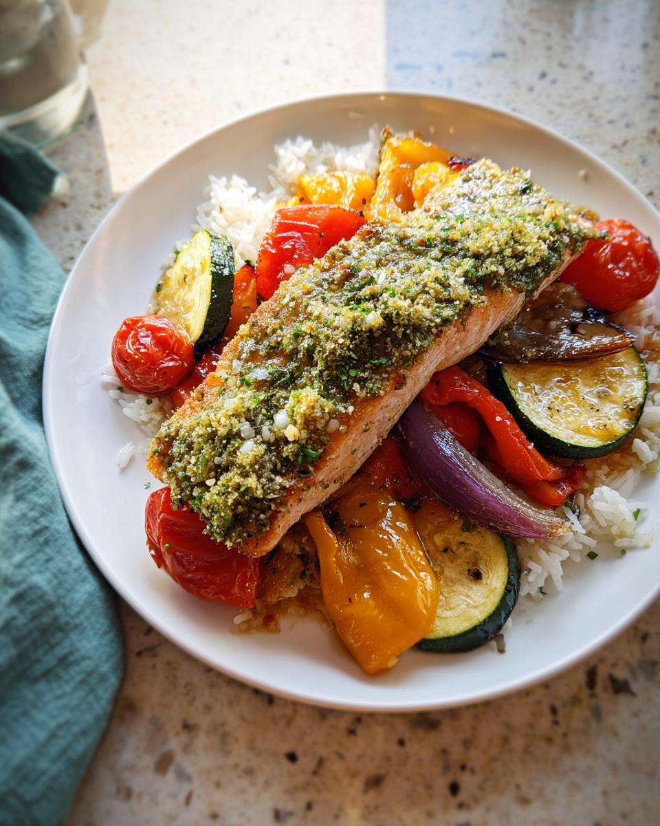 A serving of Pesto Salmon with Roasted Veggies served over white rice on a white plate.