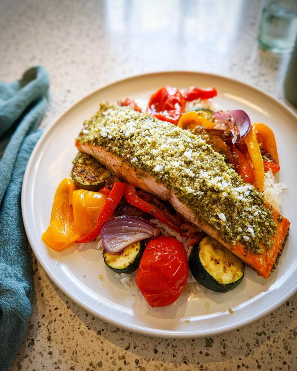 Flaky Pesto Salmon with Roasted Veggies served over white rice on a white plate.