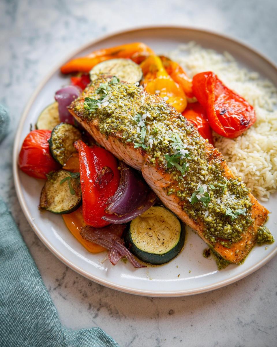A perfectly cooked fillet of Pesto Salmon with Roasted Veggies served alongside rice on a light plate.