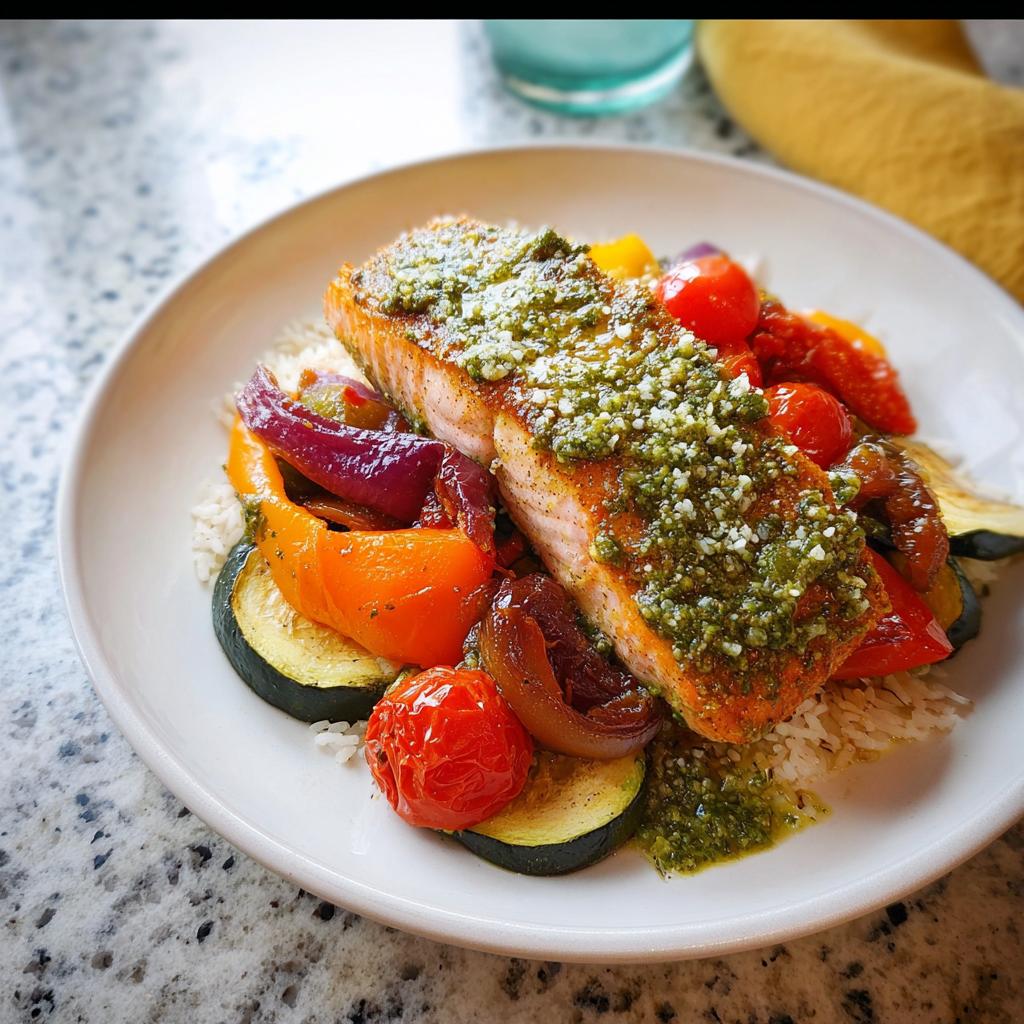 A perfectly cooked fillet of Pesto Salmon with Roasted Veggies served over white rice in a shallow white bowl.