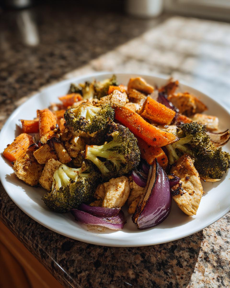 A white plate filled with roasted chicken pieces, broccoli florets, carrots, and red onion from a Sheet Pan Chicken & Veggie Dinner.