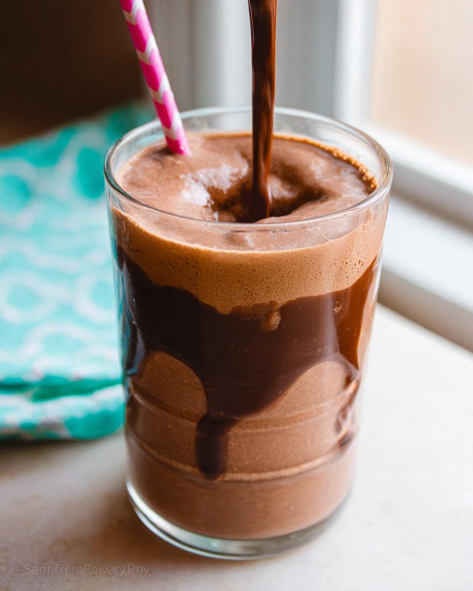 Close-up of a thick Chocolate Peanut Butter Smoothie being poured into a glass with chocolate syrup dripping down the side.