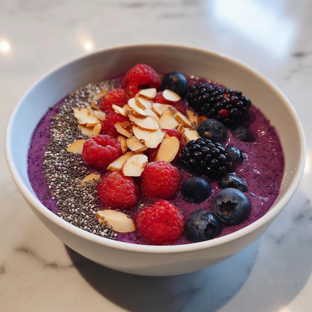 A vibrant Protein-Packed Smoothie Bowl topped with raspberries, blueberries, blackberries, chia seeds, and sliced almonds.