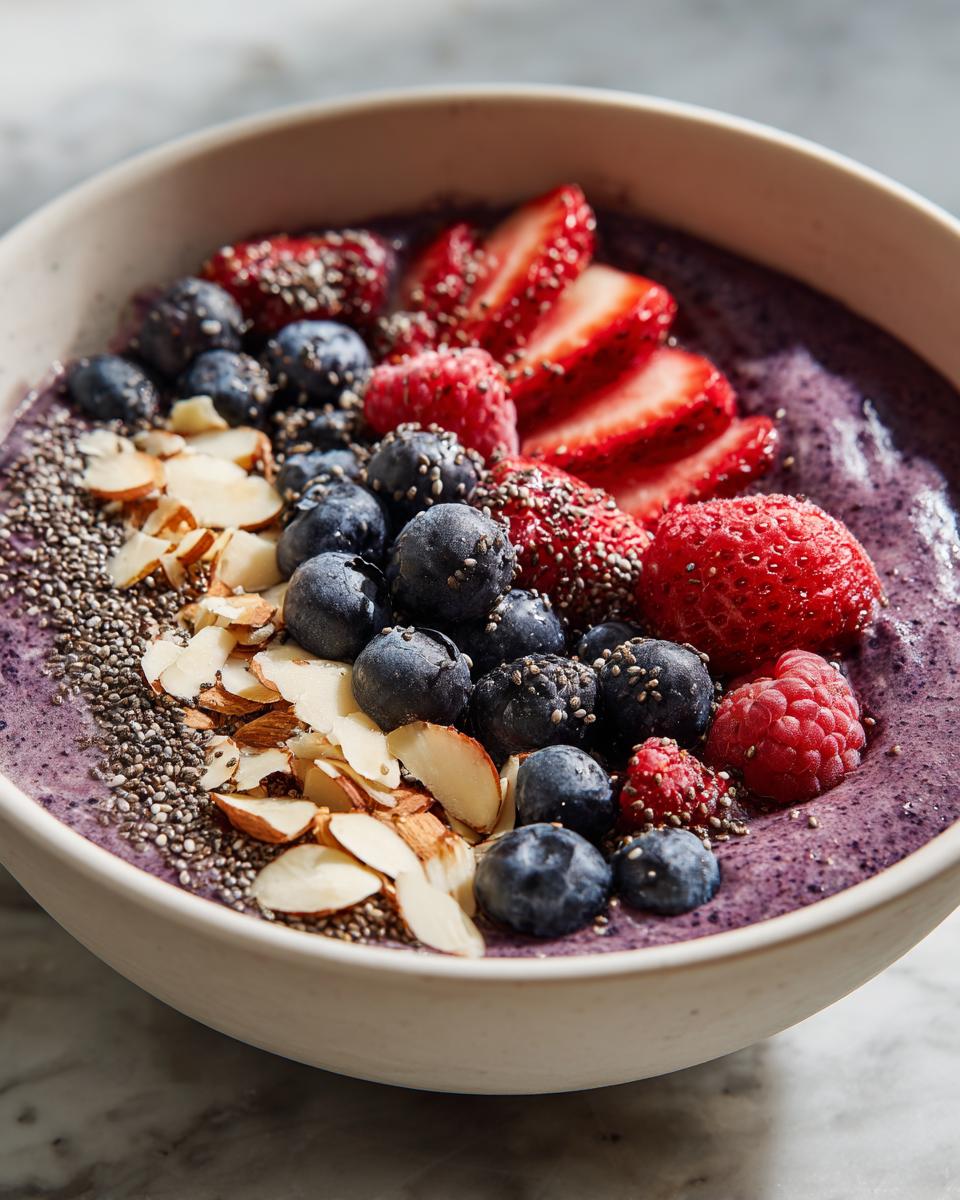 Close-up of a vibrant Protein-Packed Smoothie Bowl topped with blueberries, sliced strawberries, almonds, and chia seeds.