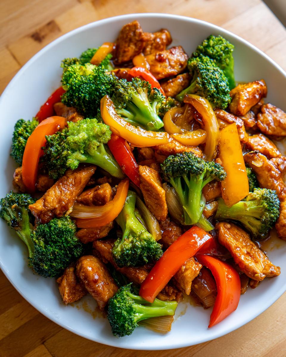 Close-up of a quick stir-fry with glazed chicken pieces, bright green broccoli, and colorful bell peppers, perfect for easy dinner recipes.