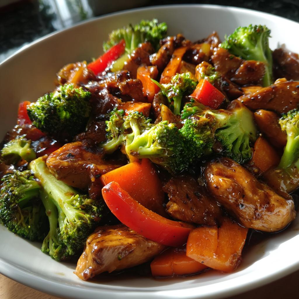 Close-up of a quick chicken and vegetable stir-fry with broccoli, peppers, and carrots, perfect for What To Cook For Dinner Tonight?